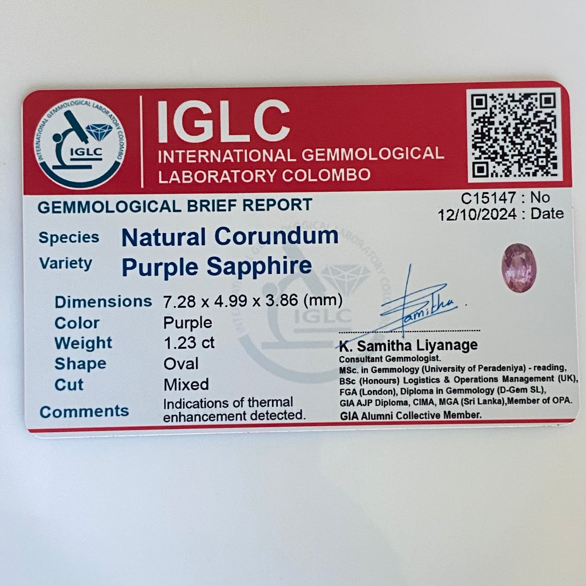 Purple Sapphire 1.23 Carat - Spinel Gem Therapy